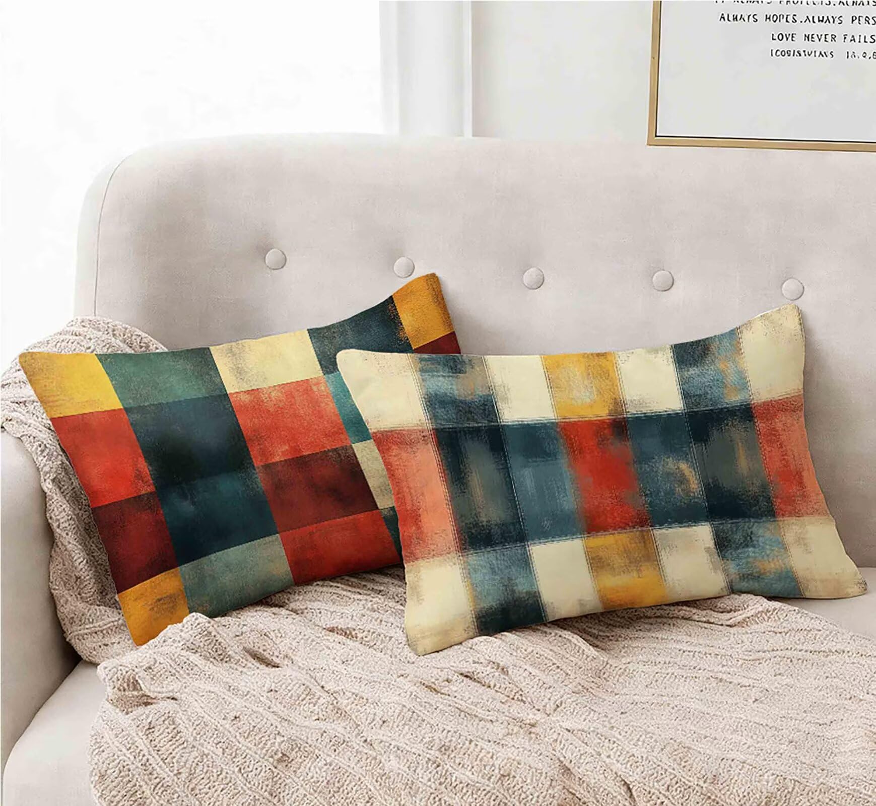 Kissenbezug 50x70 cm 2er Set, Kissenbezug Gitter Kopfkissen Rot Muster Design Kopfkissenbezug Wasserdicht Leinen Pillow Case Herbstdeko mit Verstecktem Reißverschluss für Deko Wohnzimmer -lsy250127Y