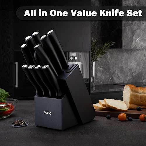 Miniatura 6 de elabo Juego de cuchillos de cocina con bloque de afilador de cuchillos integrado, apto para lavavajillas, acero inoxidable de alto carbono, juego de