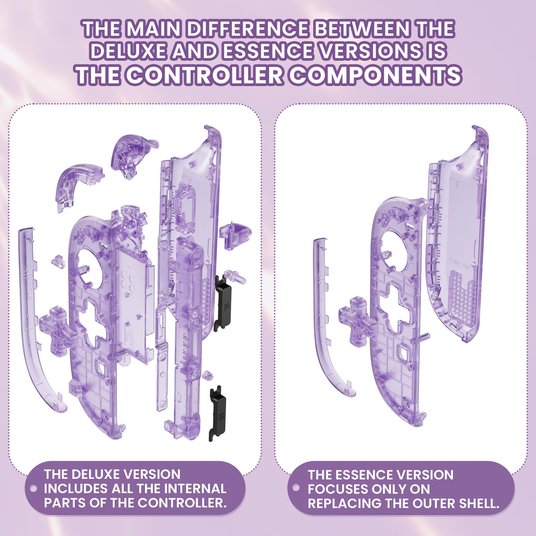 eXtremeRate D-Pad Ver. Gehäuse & Tasten Zubehör für Switch 2 Joycon, Deluxe-Version DIY-Ersatz Full Hülle/Zierstreifen/Mittel Rahmen/Buttons Set für Nintendo Switch 2 Joy Con-Transparent Lila