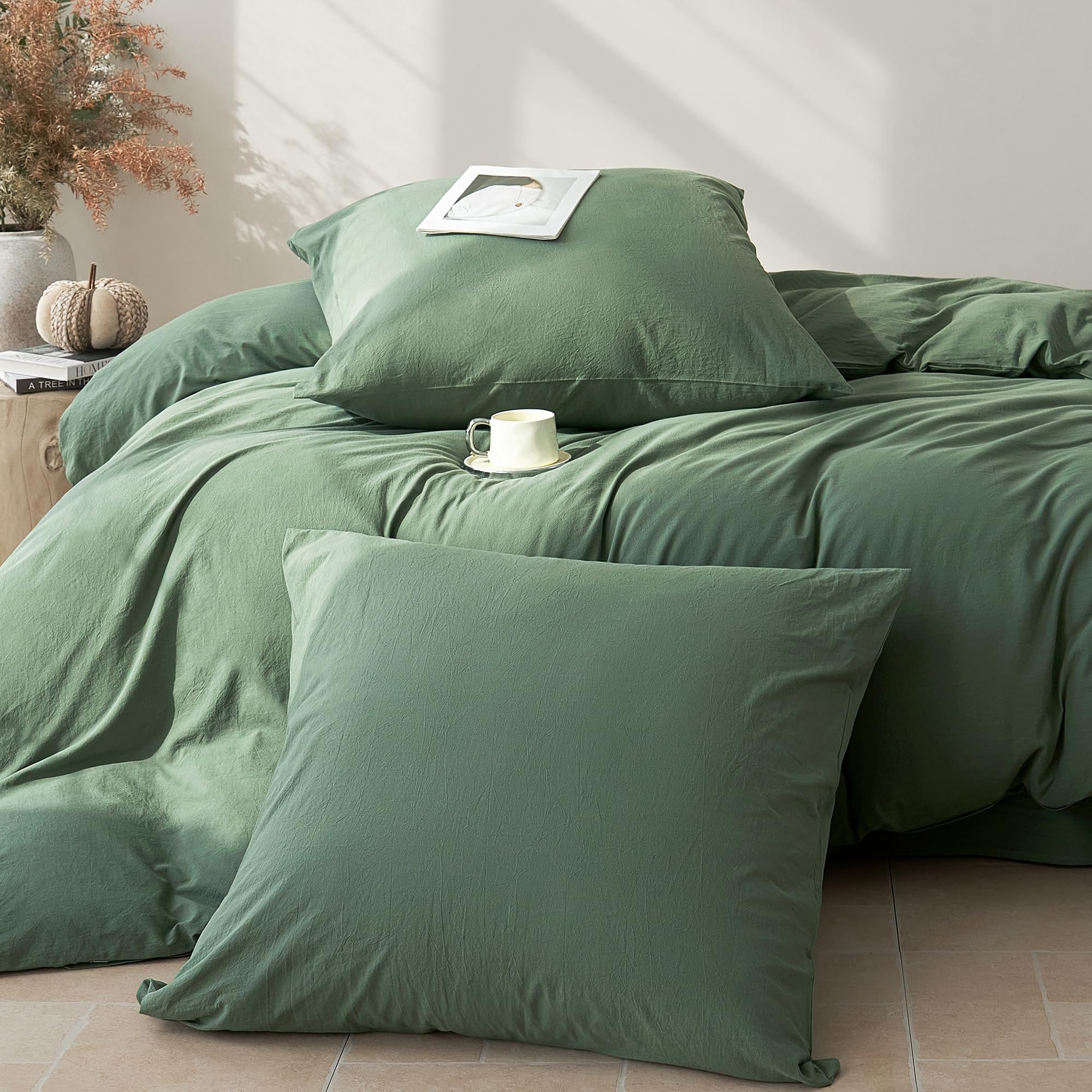 JELLYMONI Bettwäsche 135x200 Baumwolle 4-Teilig Bettwäsche-Sets Grün Oeko-Tex 100% Gewaschene Baumwolle 2 Bettbezüge mit Reißverschluss und 2 Kissenbezüge 80X80 mit Umschlag Weich 4tlg. Bettwäsche