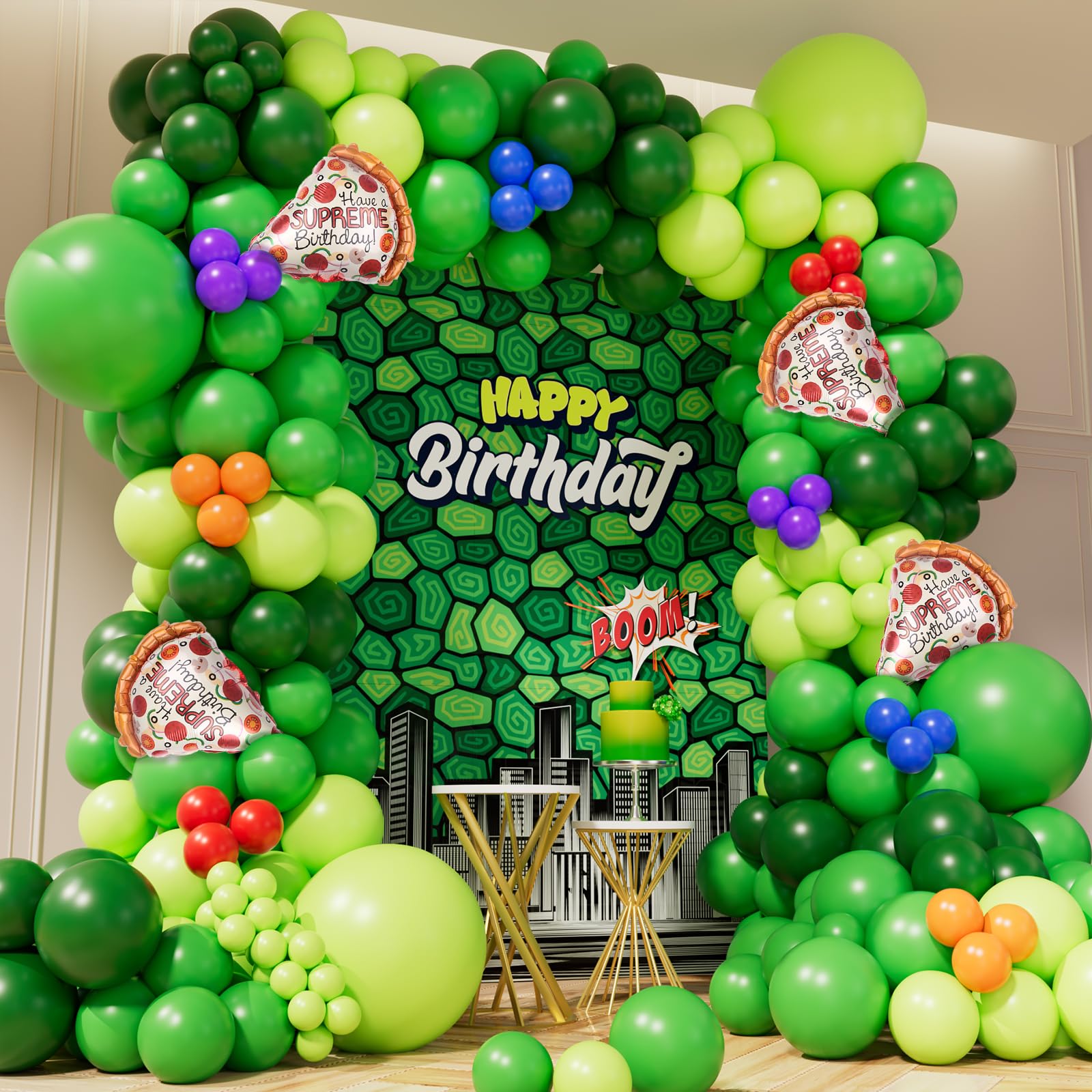 Grcypa Green Turtle Balloon Garland Arch Kit Jungle Green Latex Balloons with Pizza Foil Mylar Balloon for Cartoon Turtle Pizza Video Game Birthday