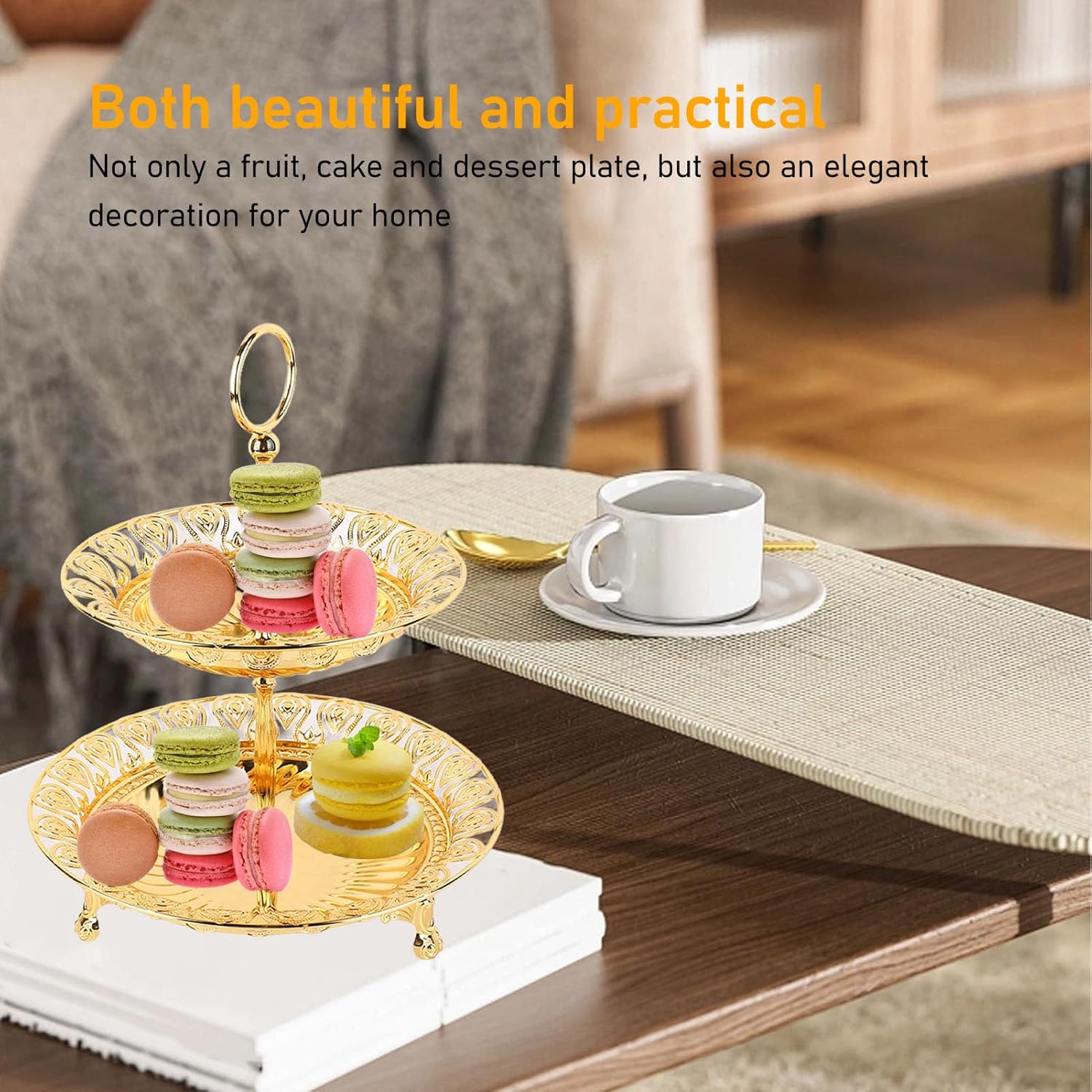 SAYZH 2段 フルーツバスケット ボウル 野菜収納 バナナツリーハンガー2個と木製リフトハンドル キッチンカウンタートップ 金属ワイヤーバスケット  パン/玉ねぎポテト用 (ブラック, 2段) 2ティアフルーツプレート、キッチンカウンター用の2層のフルーツバスケットを合金、果物用のメタルブラケット、デザート、ホームデコレーシ