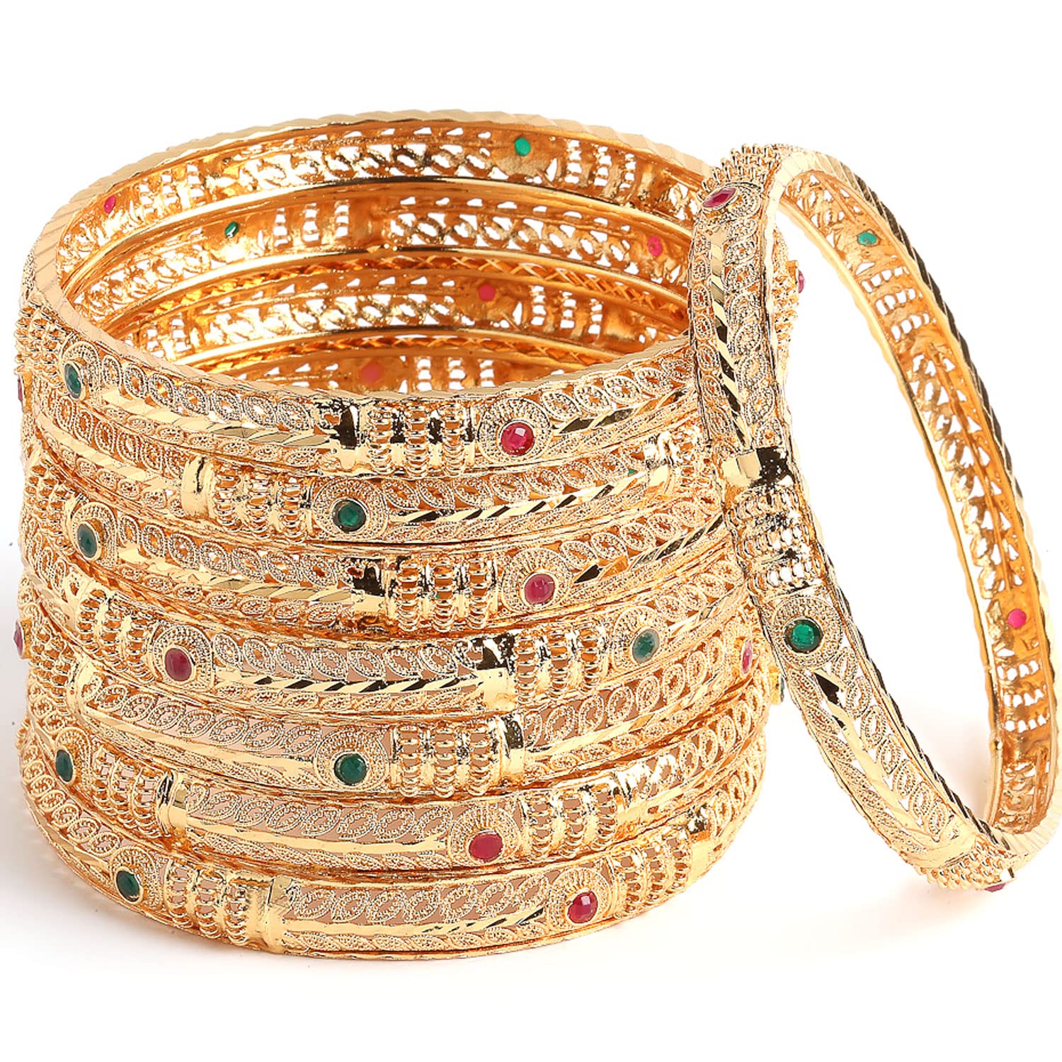 ZENEME Fashion Womens Latest Traditional Gold Plated Brass Red & Green American Diamond Studded Bangle Set Of 8 Bangle Jewellery For Girl and Women (2.4) (Design 01, 2.6) (B0B7CCBGH2) Amazon Price History, Amazon Price Tracker