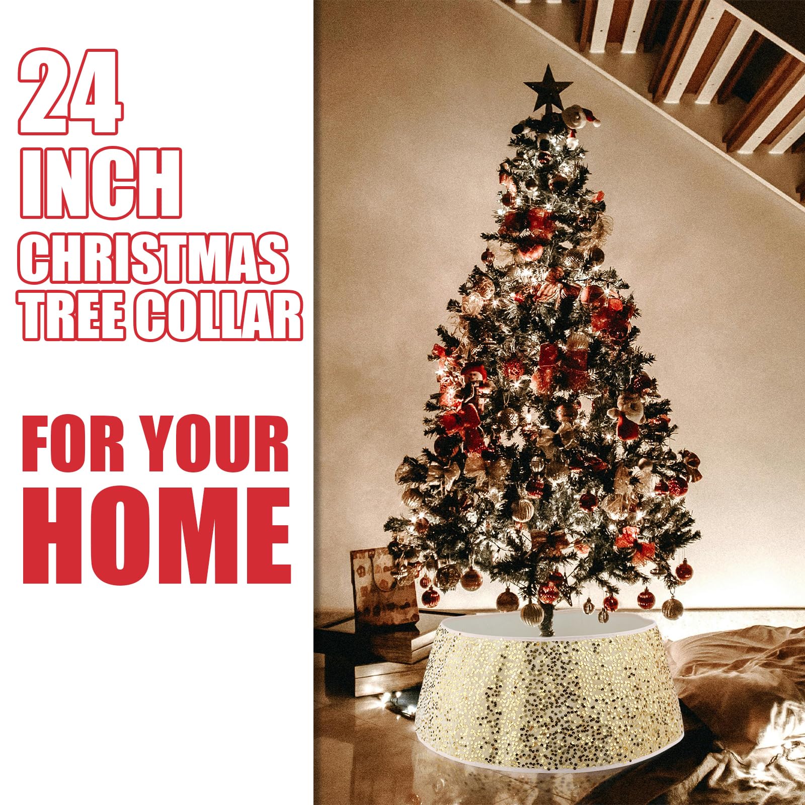 Collana per albero di Natale con paillettes scintillanti - Gonna e anello per base albero - copertura decorativa (oro)