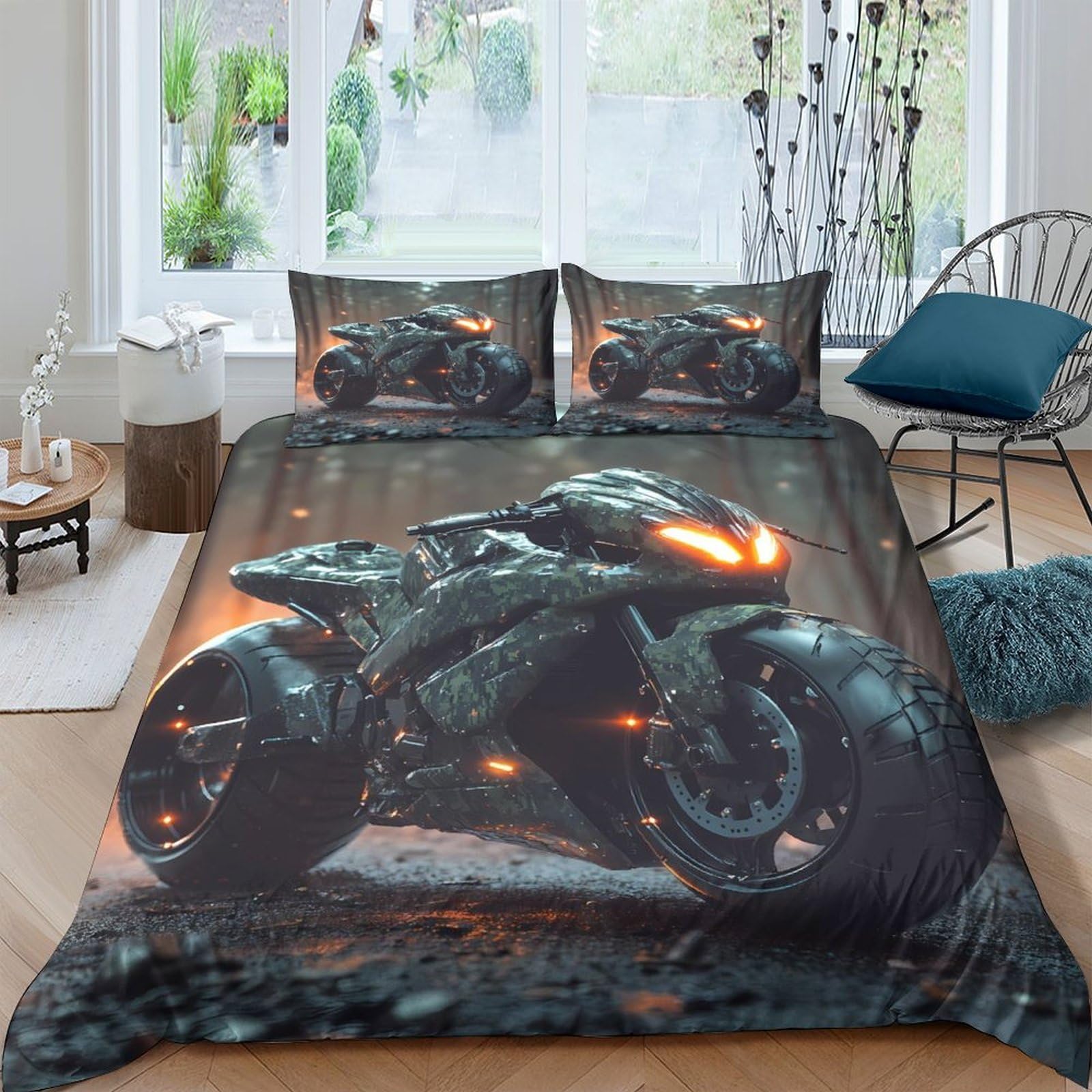 Ctjqhvkz Style-8 3D Printed Motorcycle Night Road Fitted Sheet Microfiber Soft Washable Flame Pattern Bed Cover For Bedroom Guestroom Single（135X200cm）