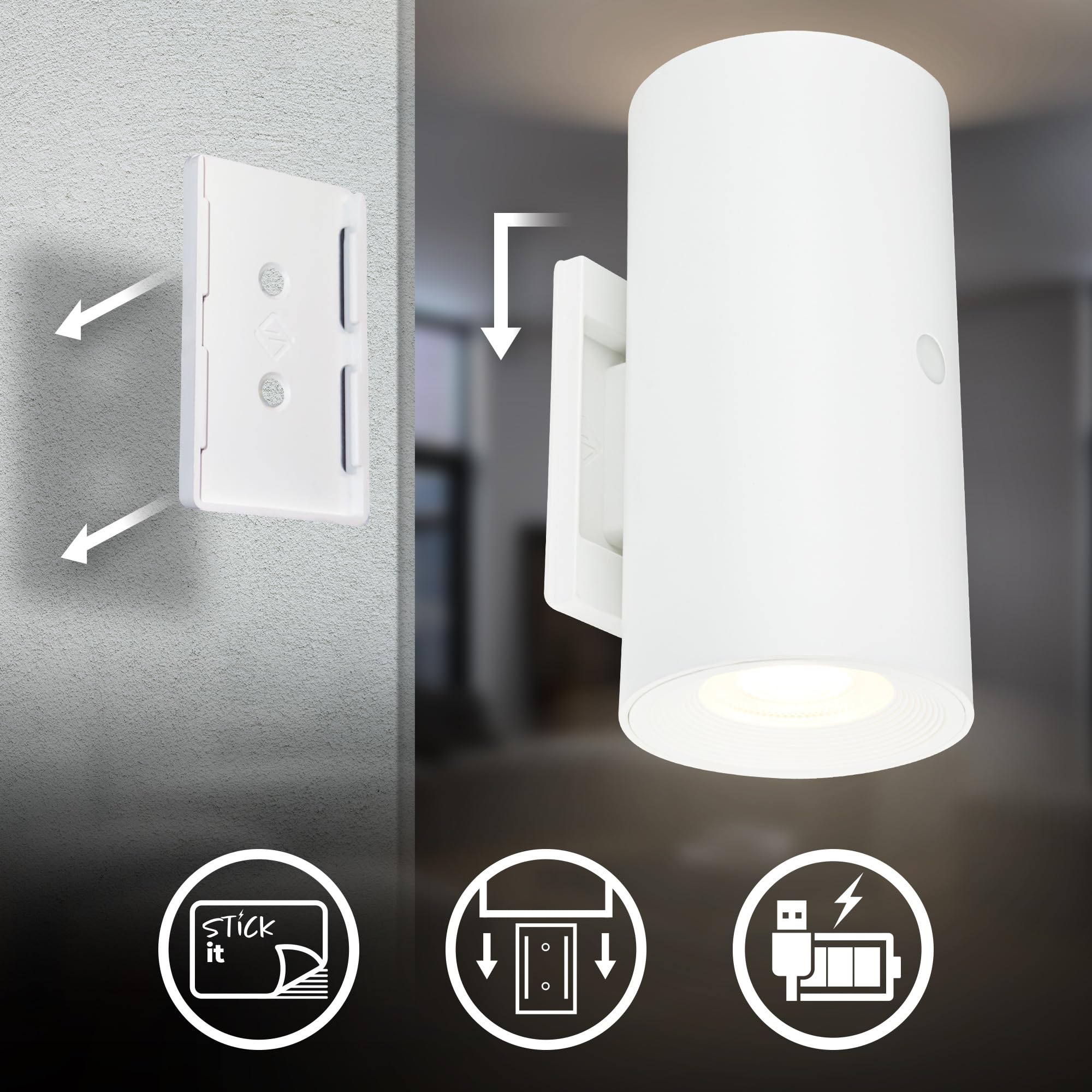 BRILONER Sticklights lampa ścienna bez prądu i wiercenia z baterią, dotykowa, możliwość ściemniania, ciepła biel, bezprzewodowa, do ponownego ładowania, na ścianę, 6,1 x 12 cm, biała