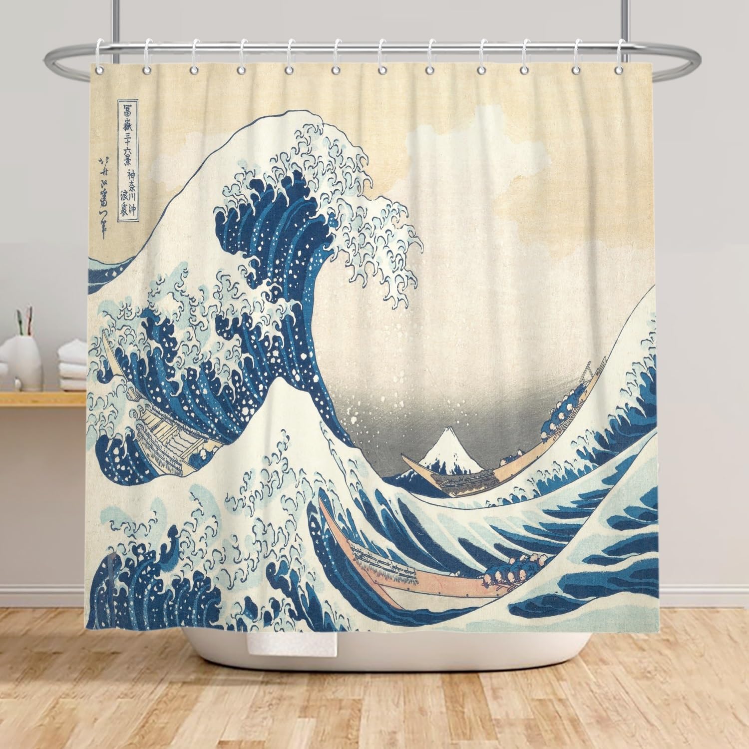 Xiaoterna Traditional Japanese Painting Shower Curtain Japanese Ocean Waves Bathroom Curtain Abstract Sea Wave Wooden Boat Shower Curtain Washable Waterproof Fabric Bathroom Decoration 150x200cm - Image 3