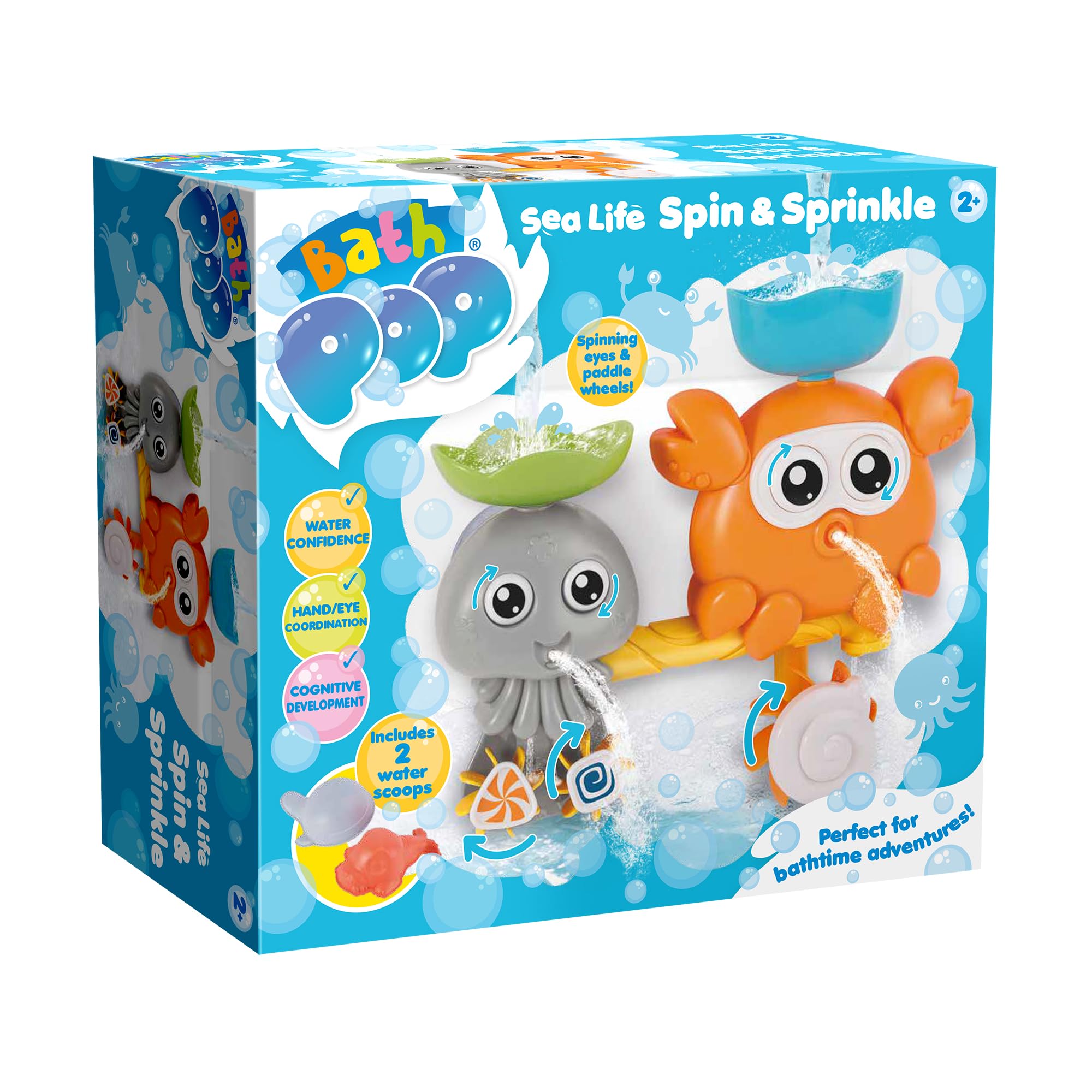 Bath Pop Sea Life Spin & Sprinkle Bath Toy – Interactive Wall-Mounted Water Lab for Toddlers – Features Spinning Eyes, Whizzing Cogs & 2 Water Scoops – Sensory STEM Toy for Ages 2+