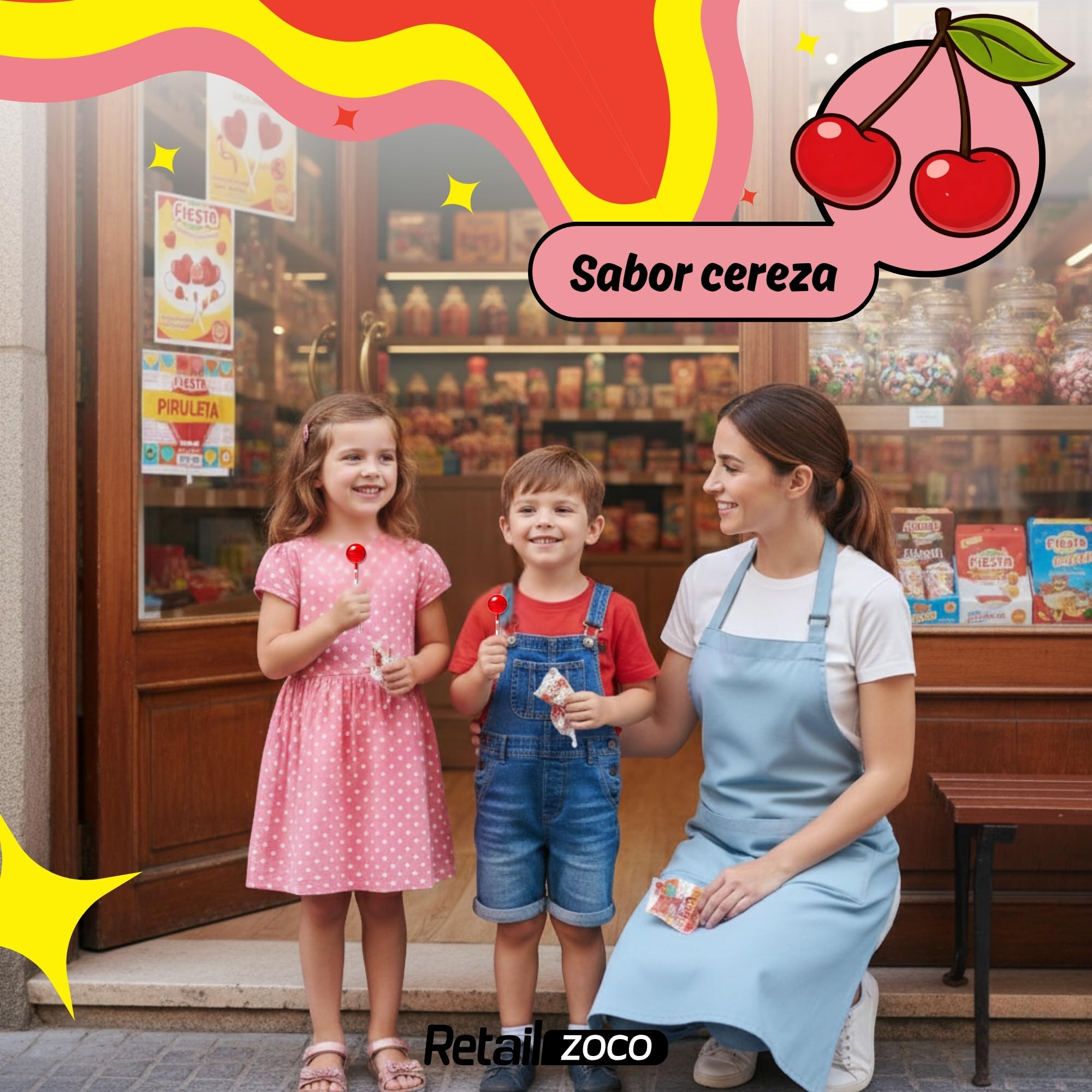Caramelo con Palo sabor cereza SIN Azucar, Caramelo NO relleno de Chicle Kojak, Apto para veganos, sin gluten, sin huevo y sin lactosa es completamente apto para celíacos, 1 caja de 70 unidades