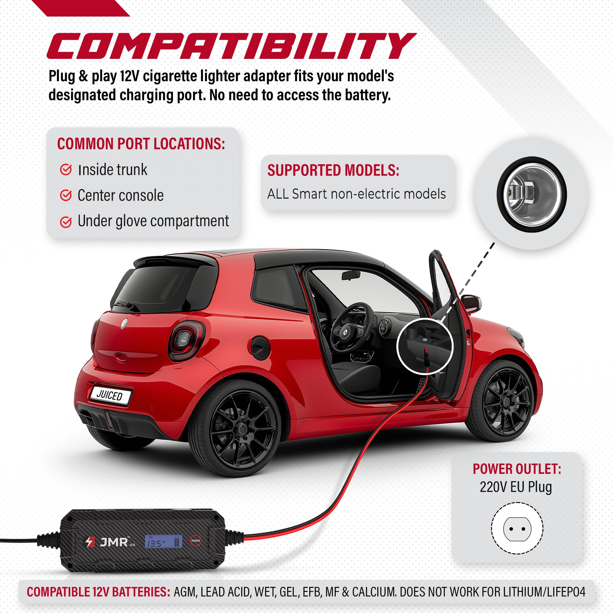 JMR Battery Charger for Smart Crossblade Fortwo City-Coupé Forfour Roadster All Models Trickle Charger Conditioner Maintainer (No Lithium Mode)