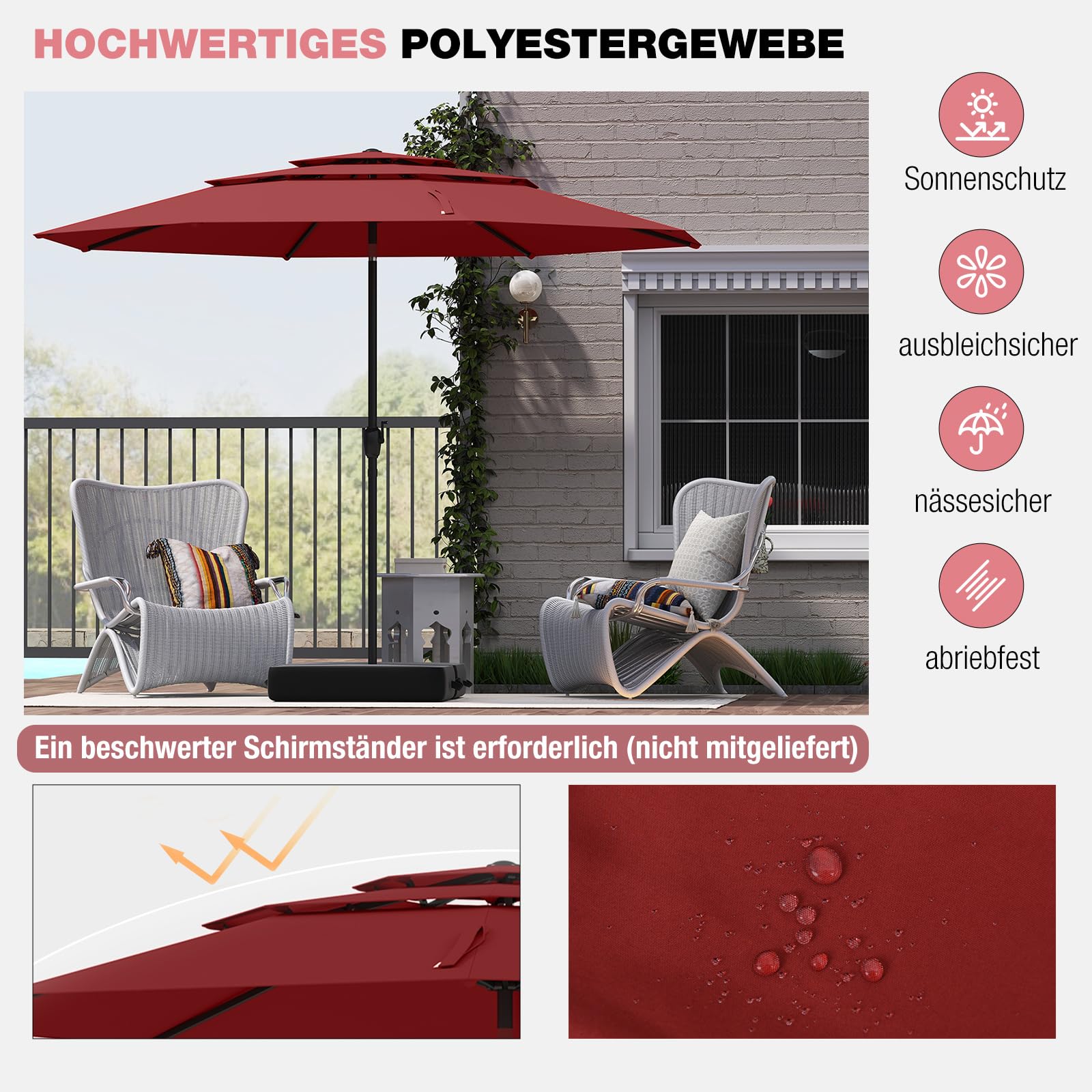 COSTWAY Sonnenschirm windfest stabil, 300 cm Gartenschirm mit Kurbel, beidseitig um 30° knickbar, UV-Schutz, Terrassenschirm belüftet, Marktschirm für Terrasse, Garten, Balkon (Weinrot)