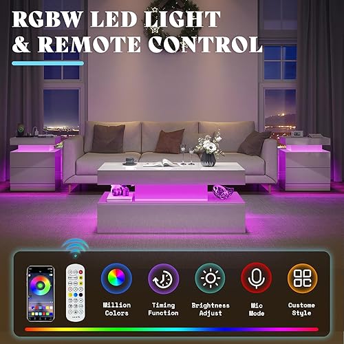 Miniatura 8 de AMERLIFE Juego de 3 mesas de sala de estar de alto brillo, modernos juegos de mesa de café LED de 3 piezas, mesa de centro de 2 niveles con 2 mesas