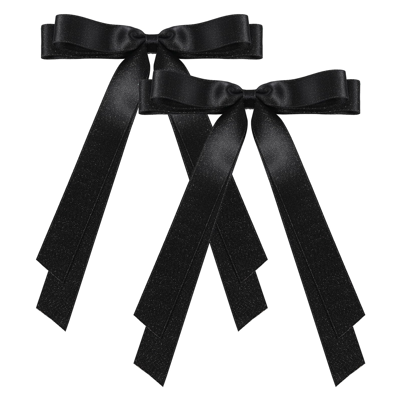Glitter Black Tassel Ribbon Bow Hair Clips for Women Girls Silky Satin Ribbon Hair Bow Clips with Long Tail 5.5 in Alligator Barrettes Hairpins