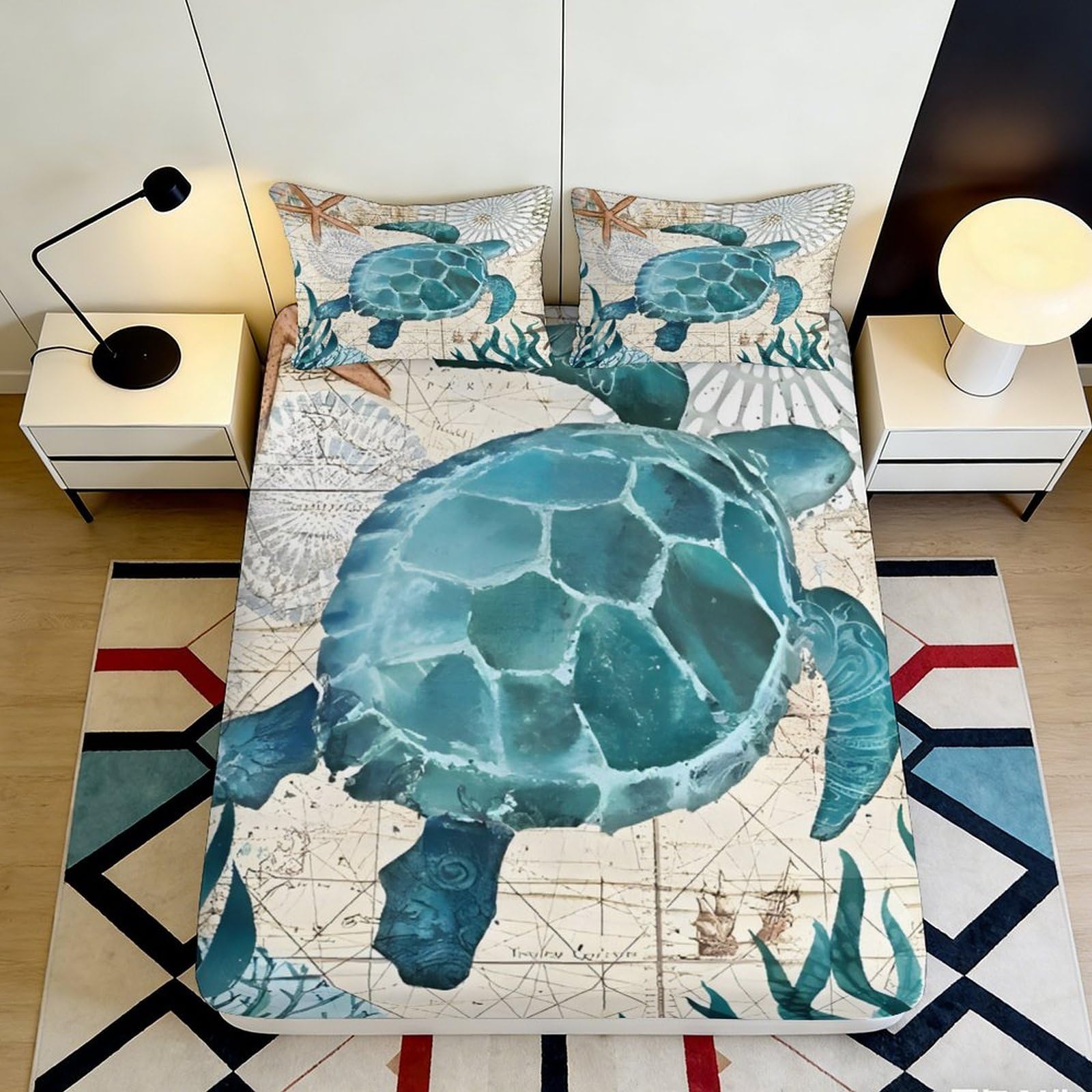 Pnayamiorkfel Style-1 3D Printed Sea Turtle Ocean Fitted Sheet Microfiber Soft Breathable Starfish Bed Sheet For Bedroom Guest Room Decor 90X200x25cm