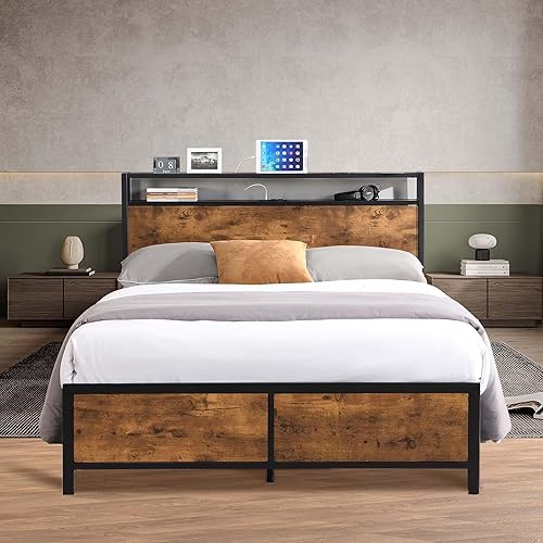 Base de cama de tamaño matrimonial de metal resistente con cabecera de madera, luces LED y puertos USB, sin ruido, no necesita somier, grande debajo
