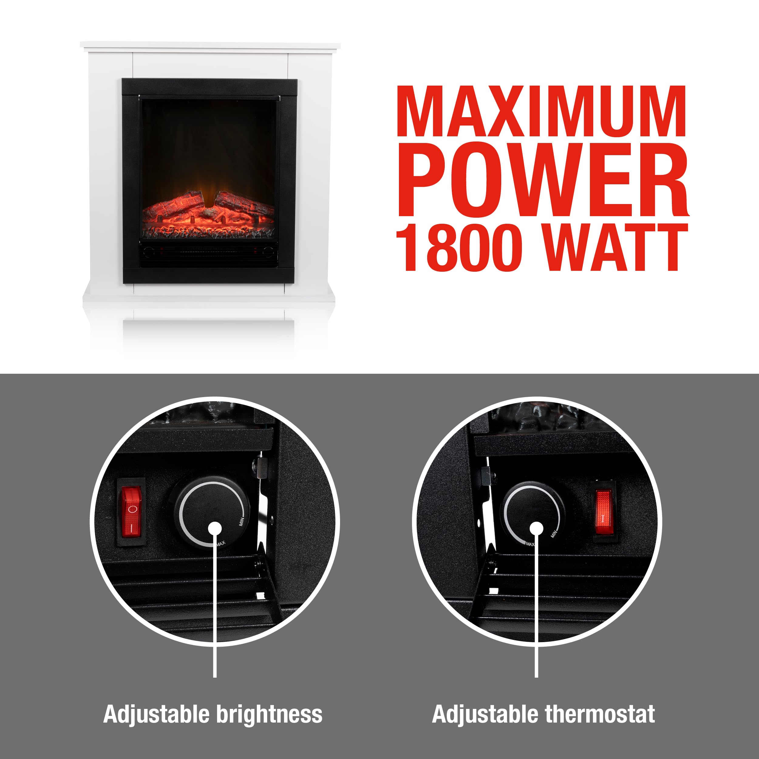 Alpina Geneva Chimenea Eléctrica - Chimenea Decorativa con Calefacción, Panel de Control y Temporizador - Estufa Eléctrica Independiente con Llama LED - 1800W - Blanco