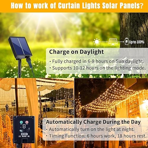 Miniatura 7 de 300 luces solares LED impermeables, 10 x 10 pies, cadena de luces parpadeantes mejoradas, control remoto, 8 modos regulables, luces de cascada