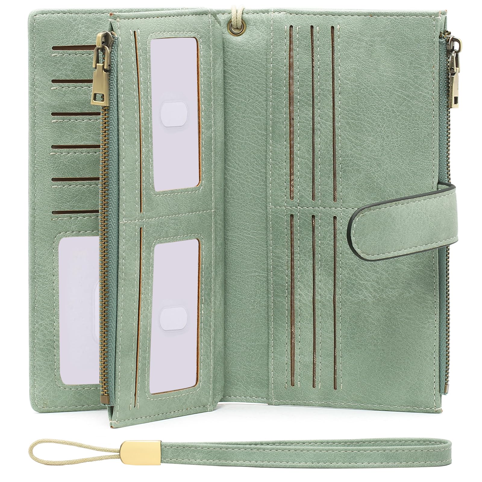 GOIACII Womens Wallets Large Capacity Credit Card Holder Rfid Wallet Women Double Zipper Pocket Leather Bifold Ladies Wristlet Clutch Wallet, A07-Light Green, Vintage