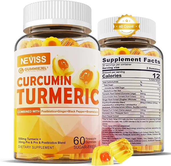 Sugar Free Turmeric Curcumin Filled Gummies 550mg for Adults, Ginger & Black Pepper | 95% Curcuminoids w/Prebiotic Probiotic & Postbiotic Blend, Support Immune & Digestive Health, Vegan, 60 Count