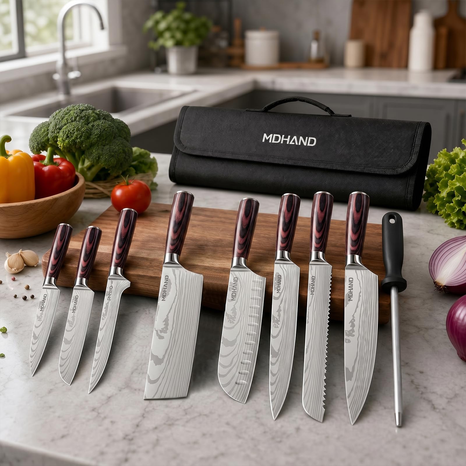 MDHAND Juego de Cuchillos de Cocina, Cuchillos Cocina Profesional de 8 piezas con Bolsa de Rollo,Juego de Cuchillos de Cocina profesionales de acero inoxidable de alto carbono extremadamente afilados