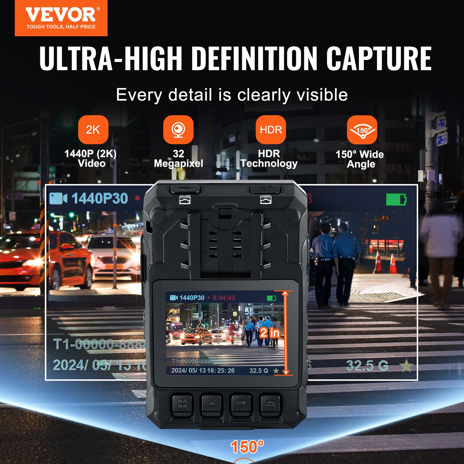 VEVOR Telecamera per Corpo della Polizia HD 1440P, 64 GB Audio Video, Batteria Integrata da 3500 mAh, LCD 5 cm, Visione Notturna Infrarossi, Telecamera Corpo Personale Impermeabile Forze dell'Ordine