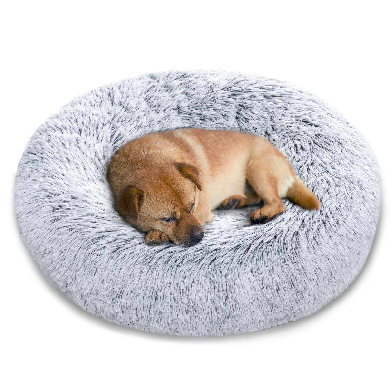 YOJOGEE Donut Dog Bed for Medium Small Dogs Cats Calming Fluffy Anti Anxiety Dog Beds Washable Puppy Bed Non-Slip Plush Cuddler Warming Round Faux Fur Pet Bed 6060cm Grey/Black - Image 2