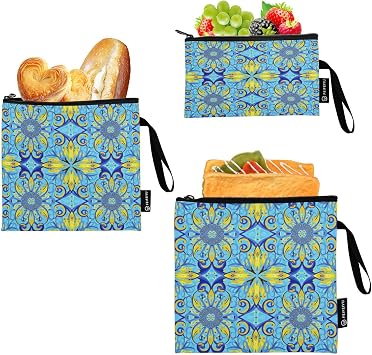 Floral Swirling Reusable Sandwich and Snack Bags, Zipper Food Safe Lunch Pouch Washable for Students (3 Pack: S/M/L)