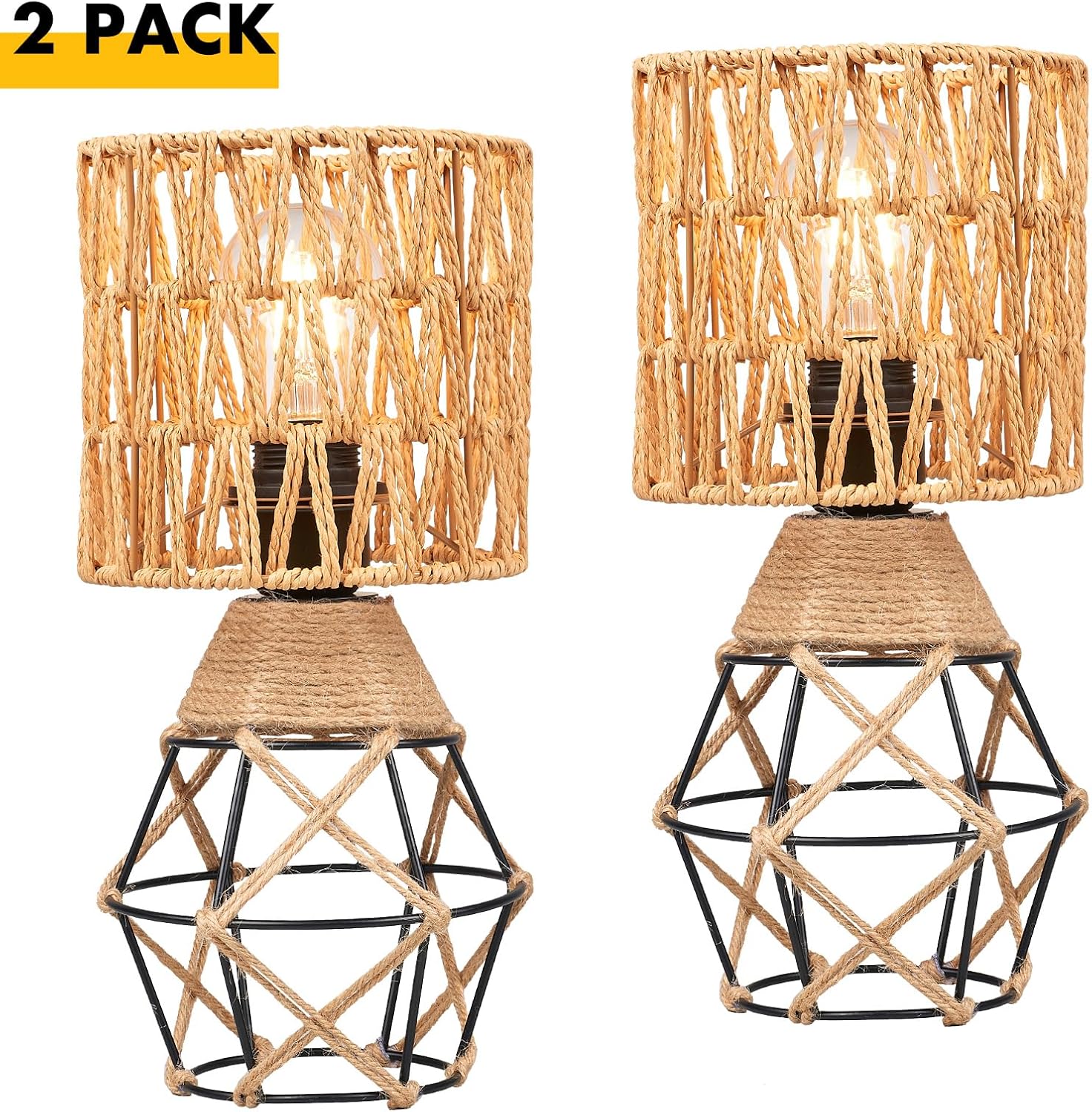 Hamilyeah Boho Table Lamps Set of 2, Industrial Bedside Lamps with Woven Shade, Farmhouse Lamps for Night Stands with On/Off Switch, Modern Simple Desk Lamps for Bedroom, Living Room, Office
