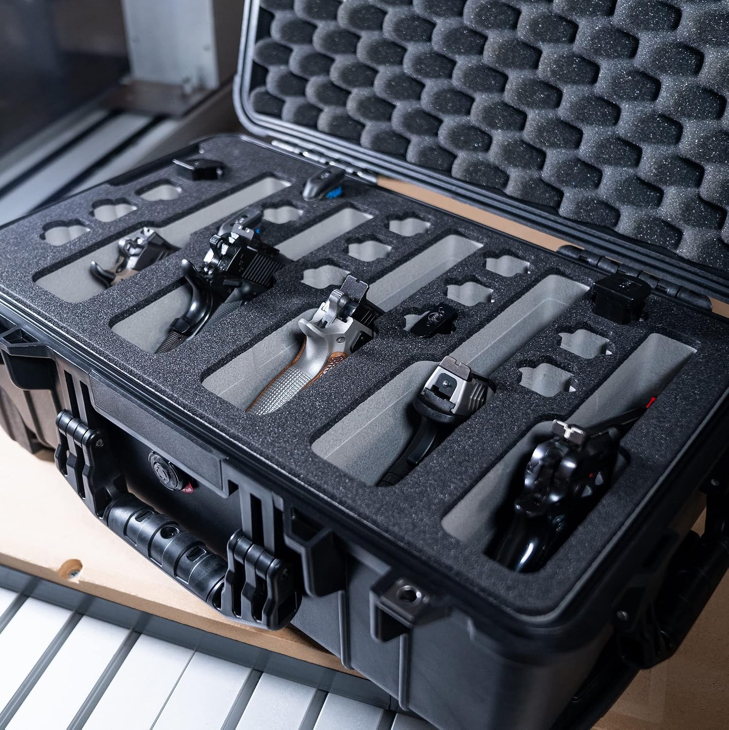 5 Pistol (2 Full sized 3 Compact), Custom Made Insert Replacement for Pelican 1510 Hard Case, Pistol Safe Storage, Waterproof, Light, Easy Grip