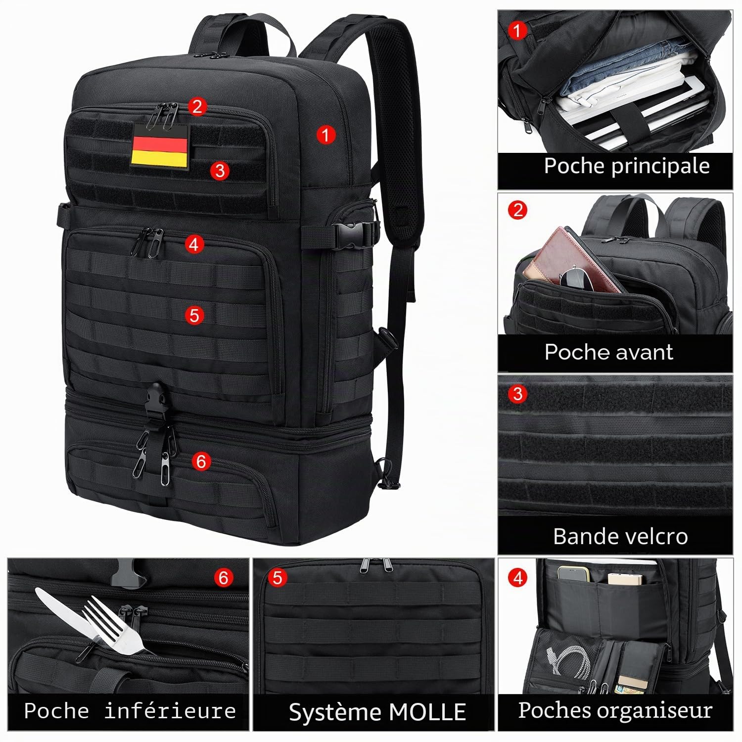 BERTASCHE Sac à dos pour ordinateur portable 17" avec sac isotherme 2 en 1 pour homme, travail, université, pique-nique, militaire, noir, Noir