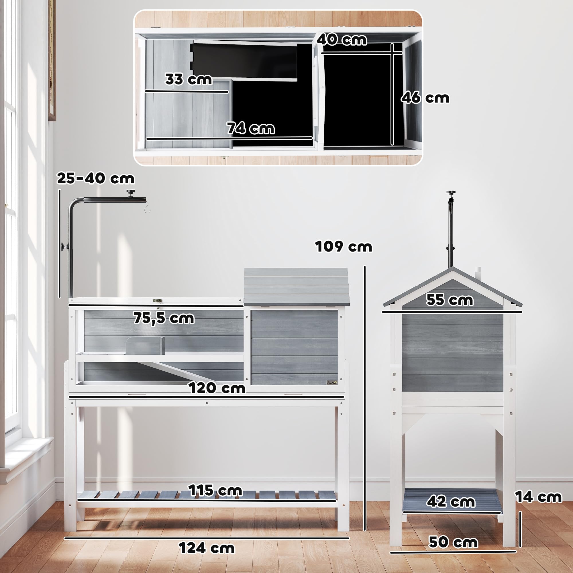 PawHut Casa para Tortugas de Madera, Terrario para Reptiles con Soporte para Lámpara Ajustable, Techos Abatibles, Bandeja Extraíble, Estante de Almacenaje y Paneles Transparentes, Caseta para Tortugas