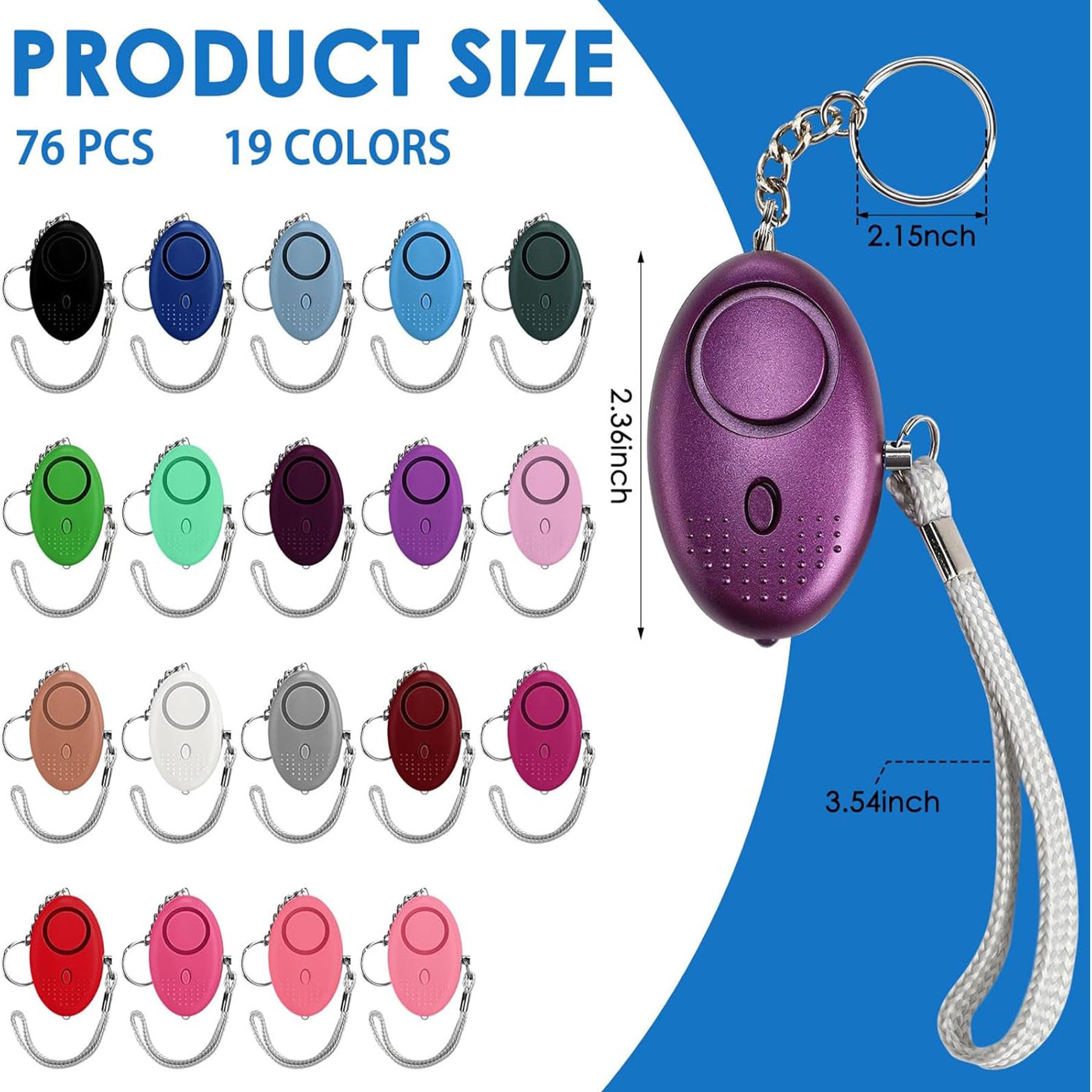 Llavero de alarma de seguridad personal con luz LED, alerta de seguridad de emergencia de 130 dB, paquete de 76 en 19 colores mezclados, protección portátil para mujeres, niñas, niños, ancianos