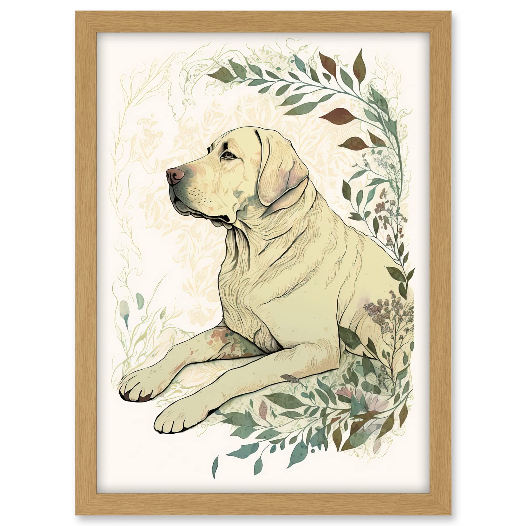 Artery8 Labrador Retriever Dog Lying in Field Modern Linocut Illustration Artwork Framed A3 Wall Art Print