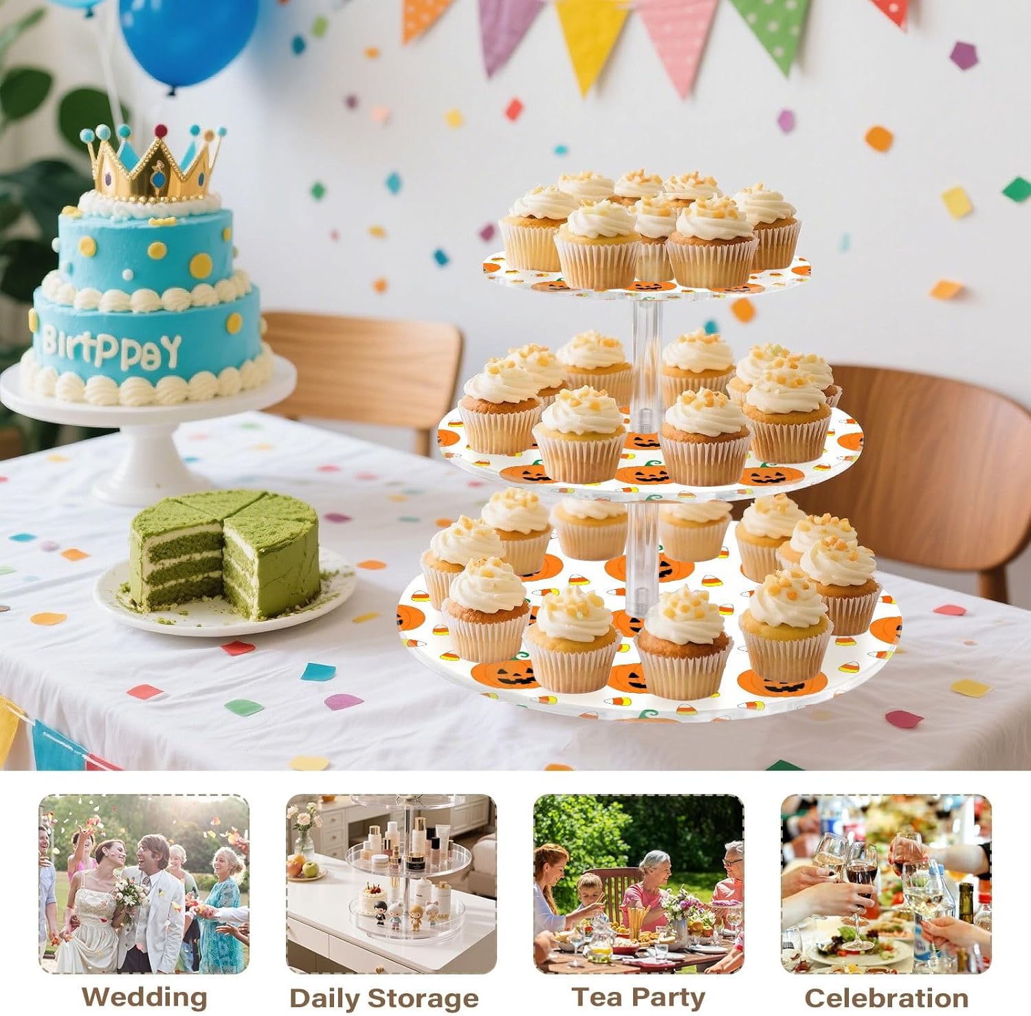 Pumpkin Halloween 3 Tier Acrylic Cupcake Stand, Cupcake Stand for 34 Cupcakes for Weddings,Christmas,Holidays,Parties,Birthday,Printed Cupcake Tower 23301092