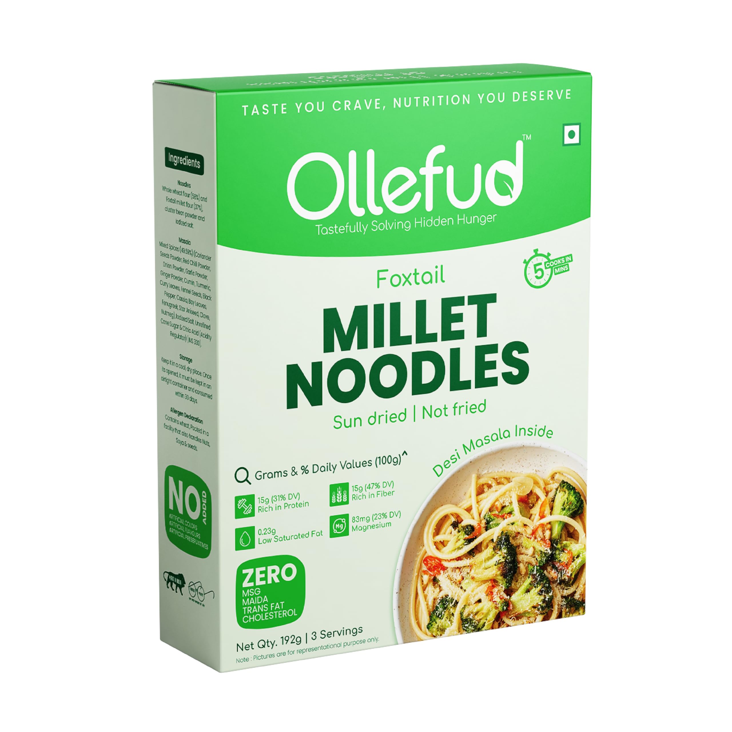 Ollefud Foxtail Millet Hakka Noodles | Desi Masala | Sun Dried | No (Maida, MSG) | Protein & Fiber Rich | Magnesium Source | Low Saturated Fat | 192g | Pack of 1-image-28