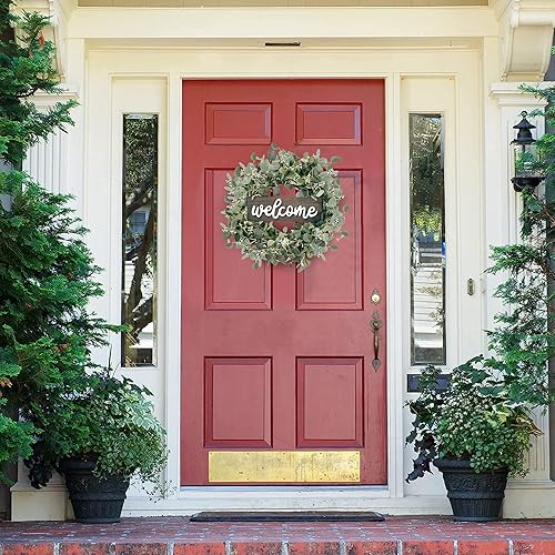 Miniatura 2 de Sggvecsy Corona de hojas de eucalipto verde con letrero de bienvenida de 20 pulgadas, corona de eucalipto artificial de primavera y verano para