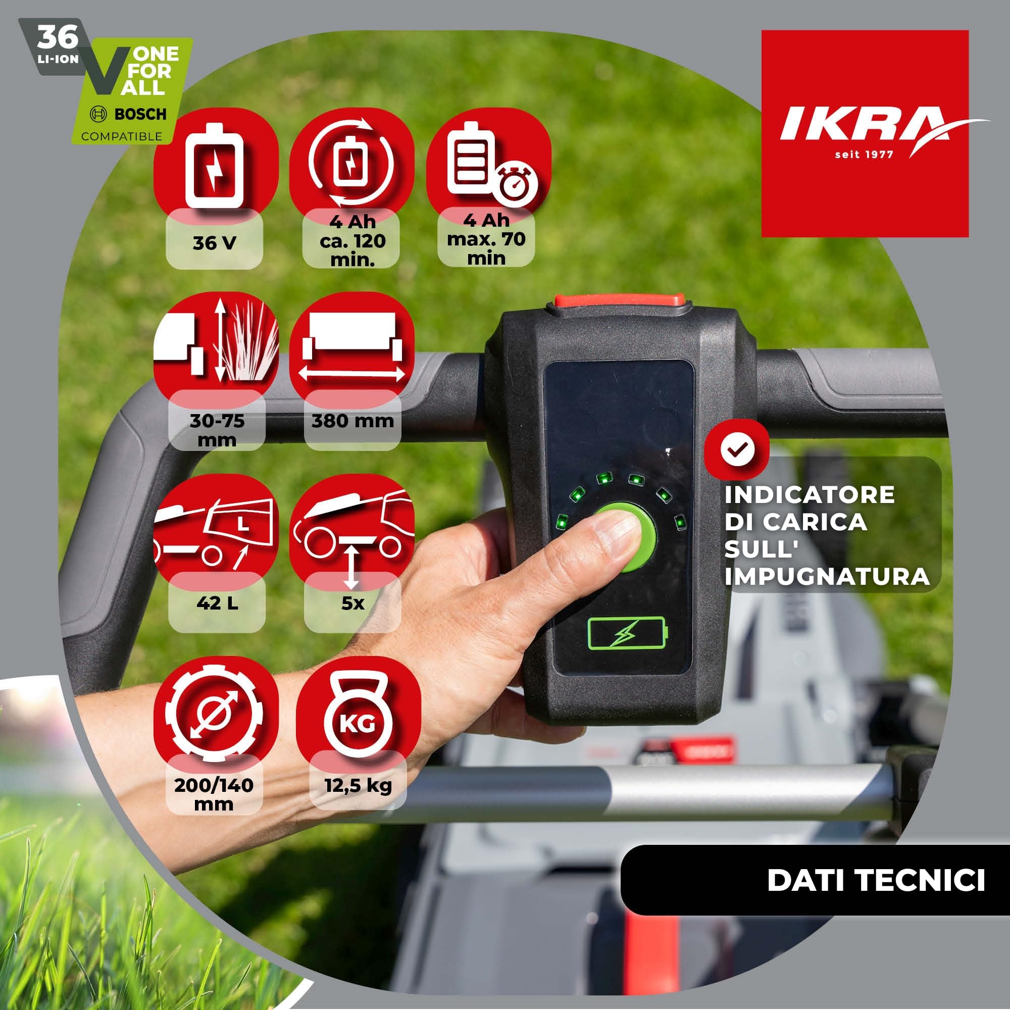 IKRA 36V tosaerba a batteria mulching 3in1 IB-LM 38, prati fino a 400 m², larghezza di taglio 38 cm, altezza di taglio 30-75 mm, compatibile con Bosch