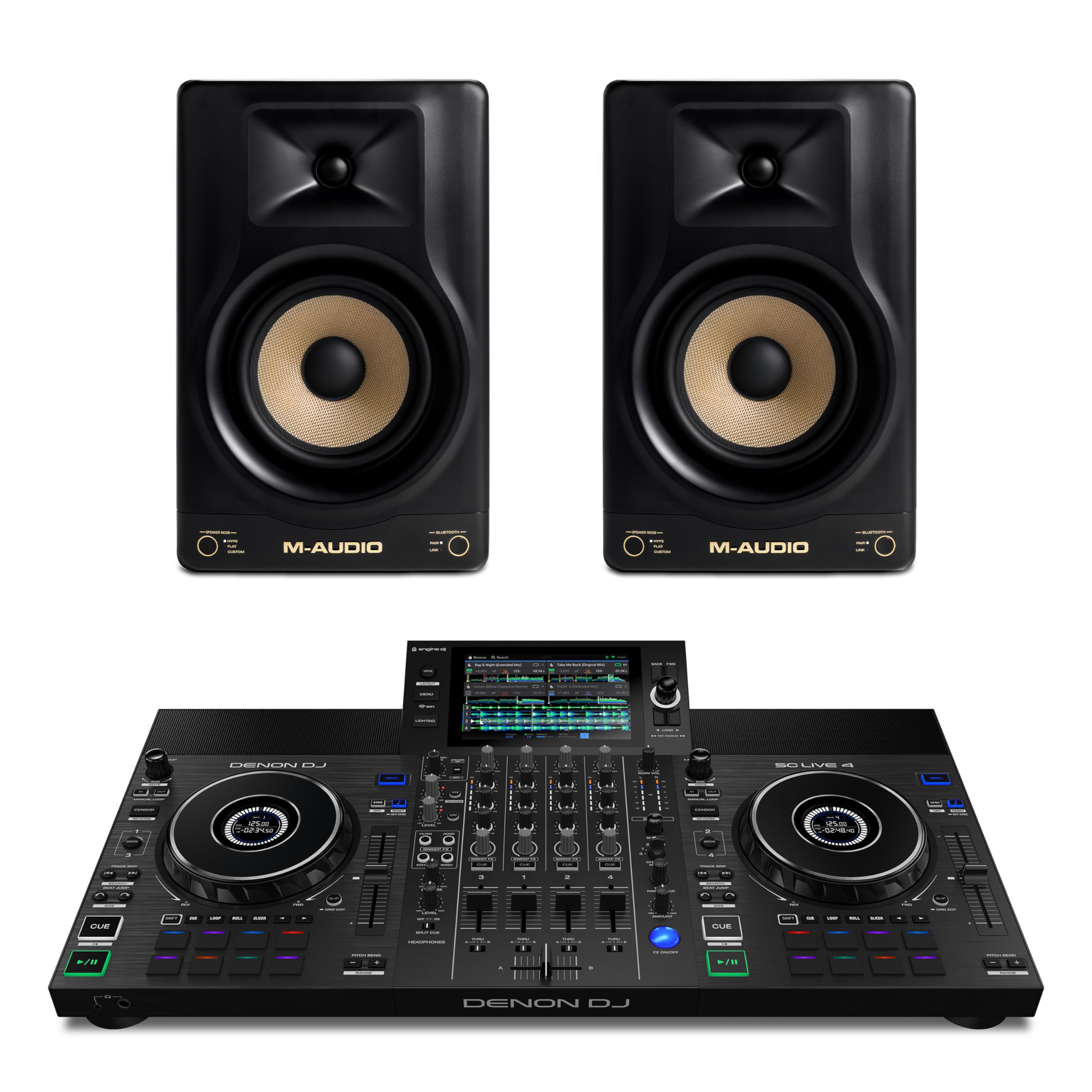 Denon DJ SC Live 4 DJ Controller and M-AUDIO Forty Eighty Pair Studio Monitors for Studio Recording, Music Production, Podcasting, Streaming
