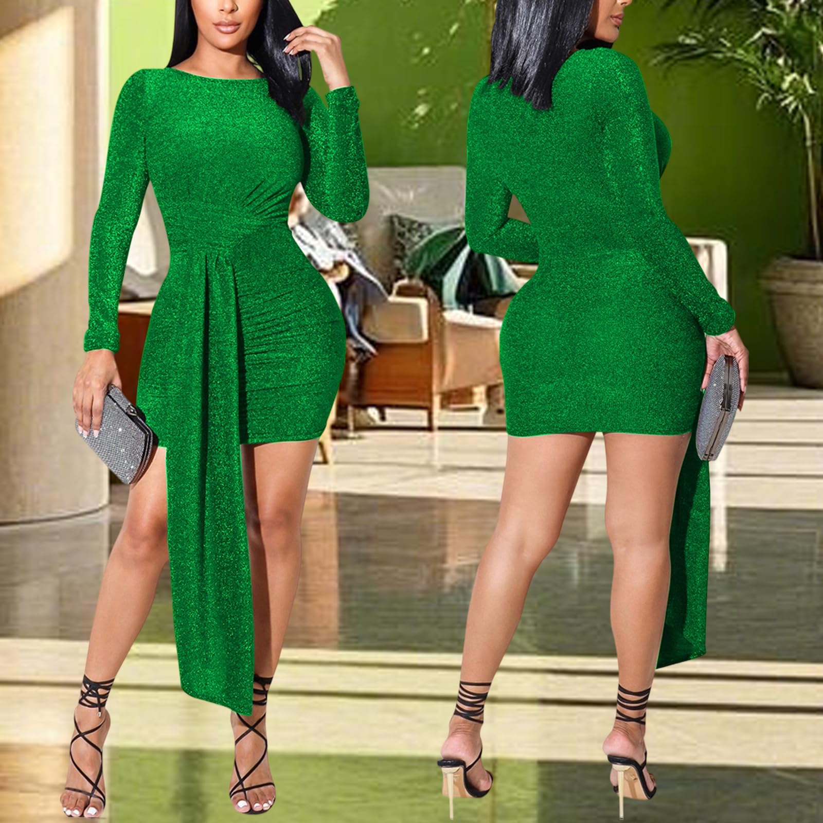 Vestido corto casual para mujer, cuello redondo, manga larga, discoteca, fiesta, sexy, brillante, entallado, envolvente
