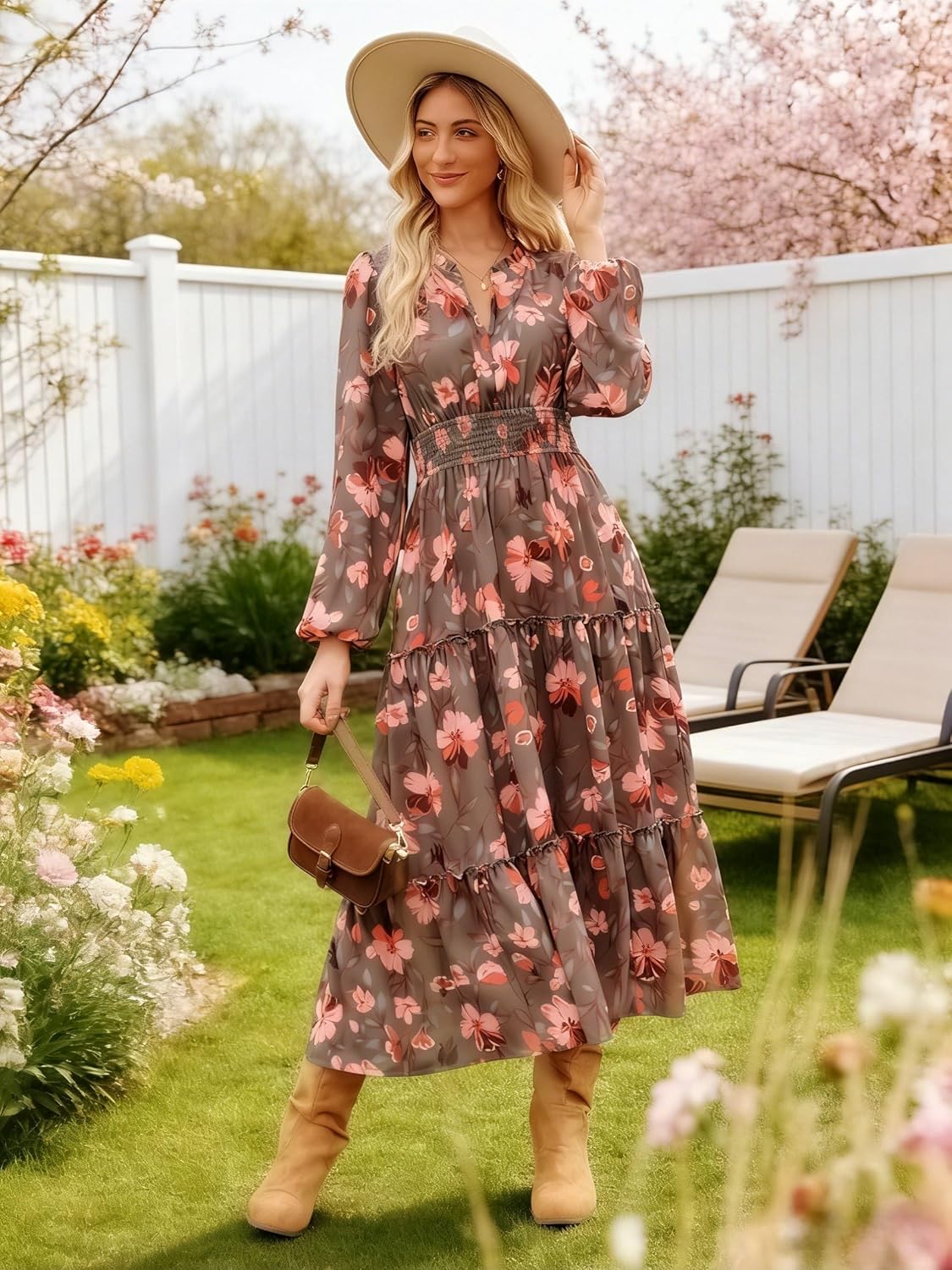 Women Long Sleeve Midi Dress, Boho Floral Casual Flowy A Line Dresses, Spring Elegant Classy Dress with Pocket - Image 3