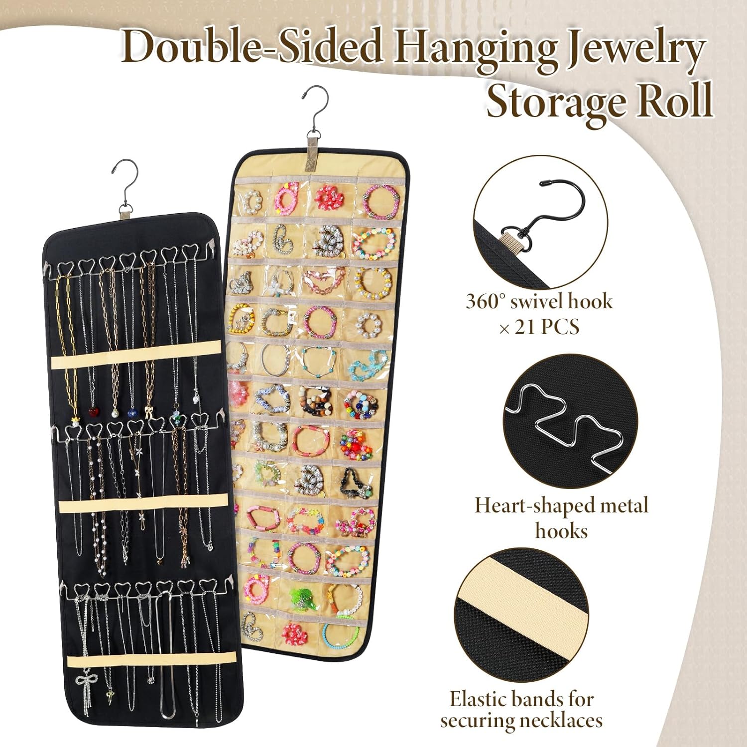 2 Pack Hanging Jewelry Organizer Storage with 48 Pockets and Hooks Dual-Sided Hanging Jewelry Organizers and Storage Hang on Closet, Wall, Door for Earrings, Necklaces, Rings,Blcak