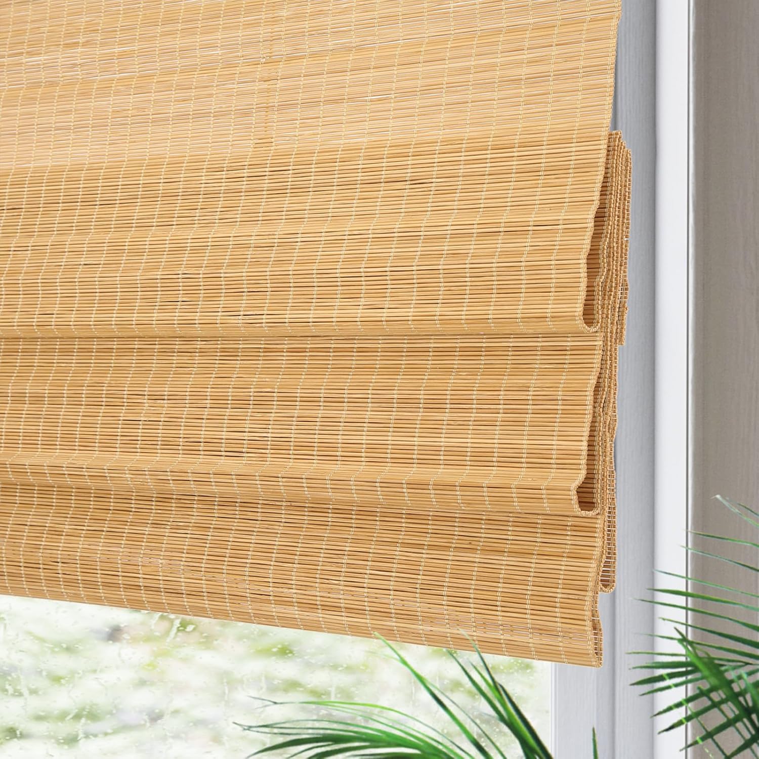 Cordless Outdoor Bamboo Window Shades, Waterproof Wood Roller Shades 6 Inches Valance, Light Filtering Sun Shades Window Blinds for Patio, Doors, Porch, Balcony,Gazebo,Pergola,Deck, Color 4-Outdoor