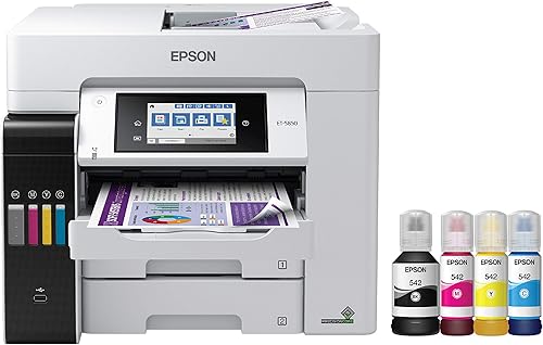 Miniatura 2 de Epson - Impresora EcoTank Pro ET-5850 Supertank inalámbrica a color, todo en uno, color blanco y paquete de botellas de tinta EcoTank T522 a color,