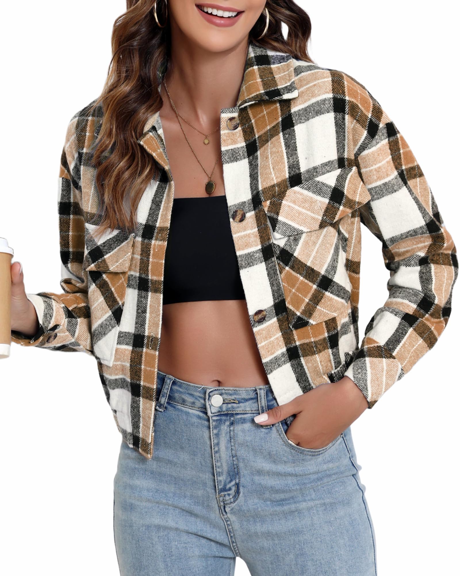 Teepie Women Cropped Flannel Jacket 2025 Fall Fashion Plaid Shacket Casual Button Down Outfit Shirts