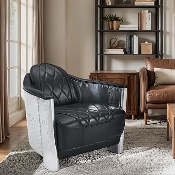Zouron Genuine Leather Living Room Chair, Mid Century Modern Single Sofa Chair in Aluminum, Vintage Barrel Accent Chair for Living Room, Bedroom, Home Office, Black