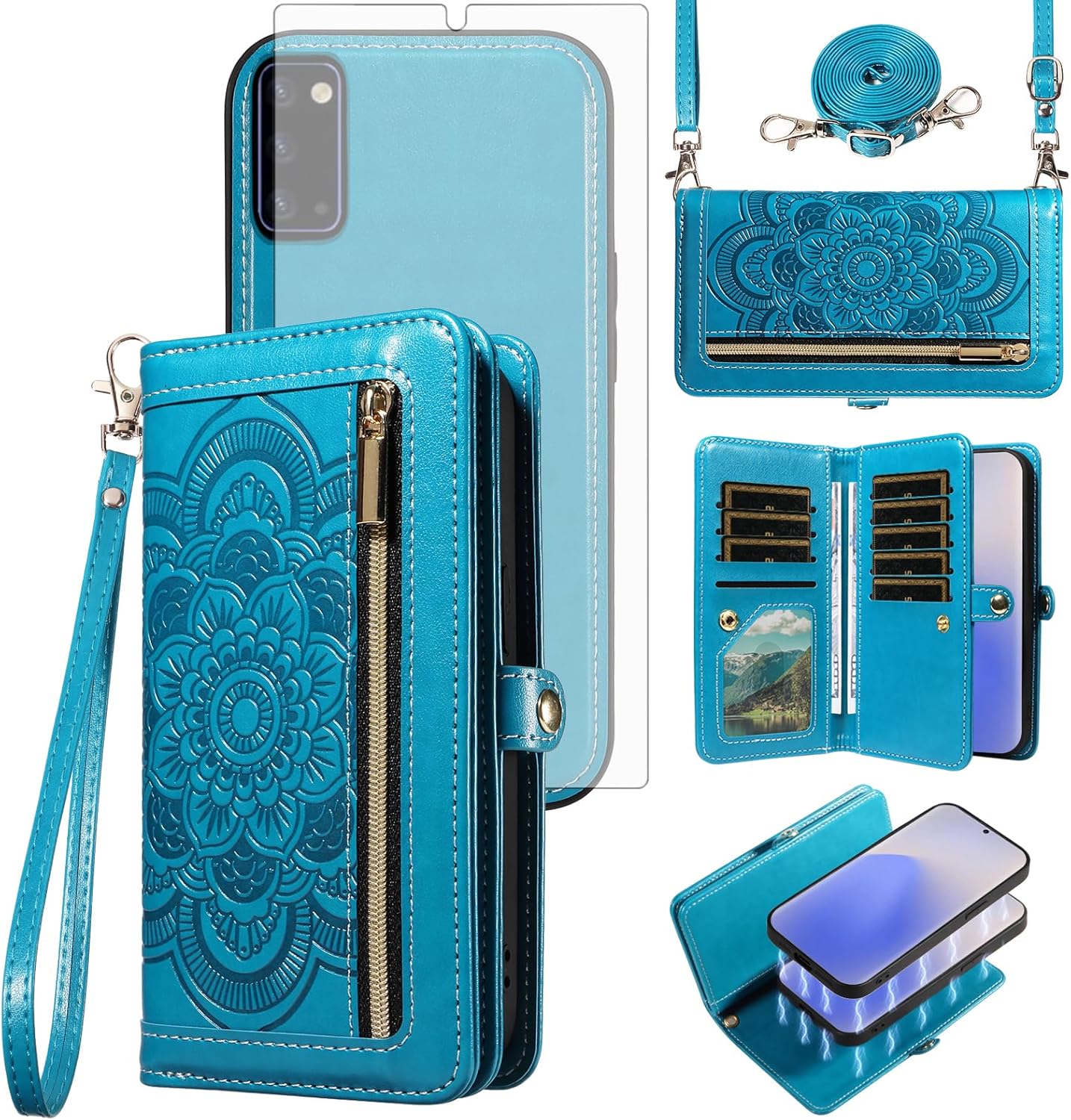 Asuwish Phone Case for Samsung Galaxy Note 20 5G Zipper Wallet Detachable Cell Cover with Tempered Glass Screen Protector Crossbody Strap Flower Card Holder Note20 Notes 20s Twenty Not S20 Women Blue