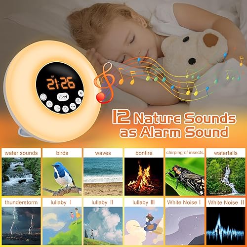 Miniatura 5 de Reloj despertador con luz de amanecer para niños, adultos, personas que duermen con doble alarma, ayuda para dormir con 12 sonidos de naturaleza