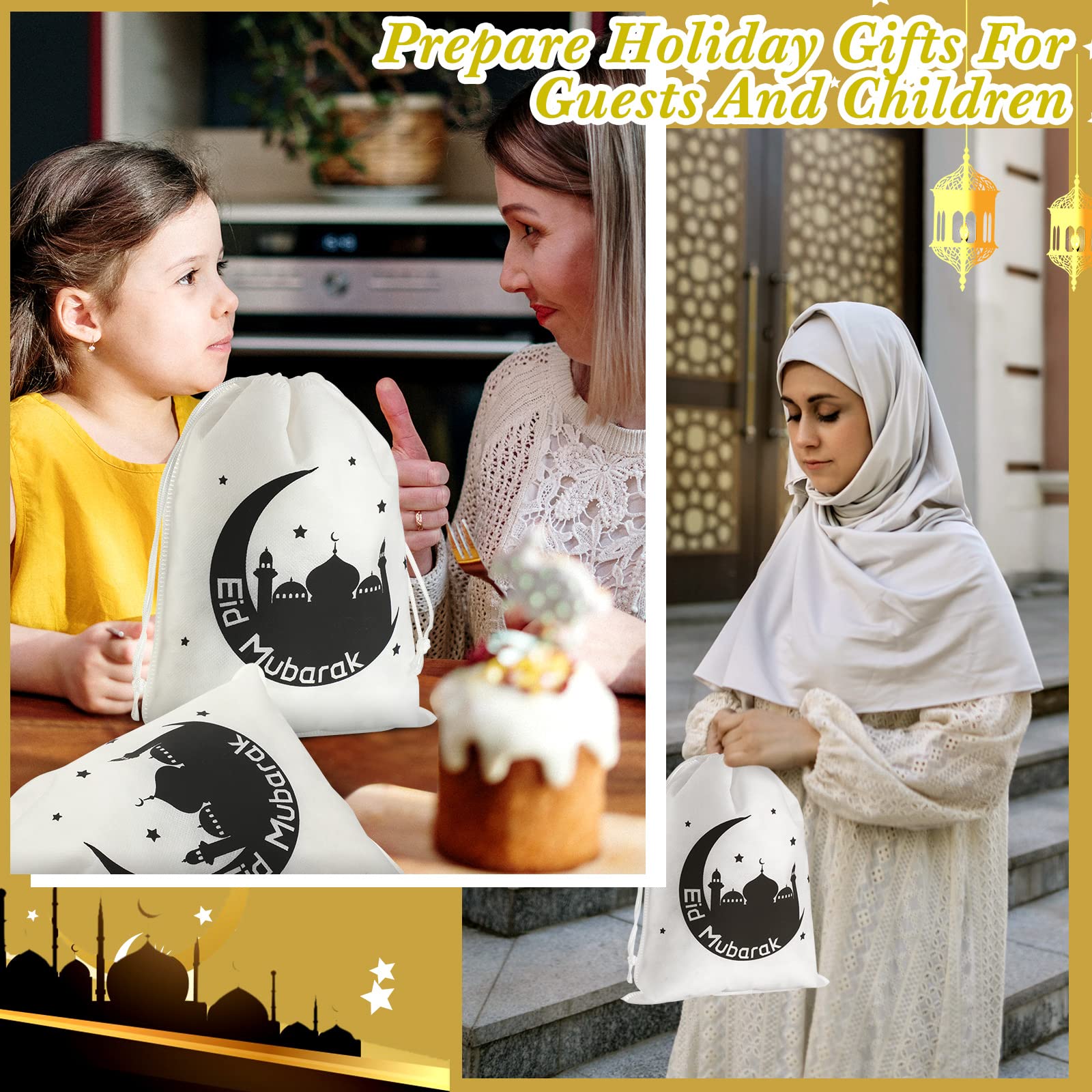 Boao 24 Count Eid Gift Bags, Black, 25 x 20 Cm/ 9.84 x 7.87 Inches, Small Ramadan Canvas Sack Gift Bags with Drawstring, Religious Theme, for Eid Mubarak Goodie Package Storage, Parties and Gatherings