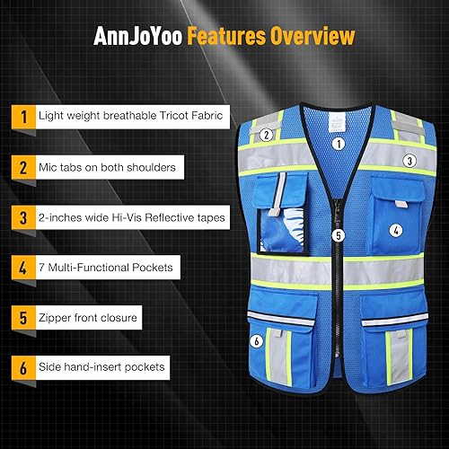 Vista 37 de Chaleco de seguridad clase 2 con cremallera frontal y múltiples bolsillos, chaleco de alta visibilidad, cumple con las normas ANSI/ISEA Malla