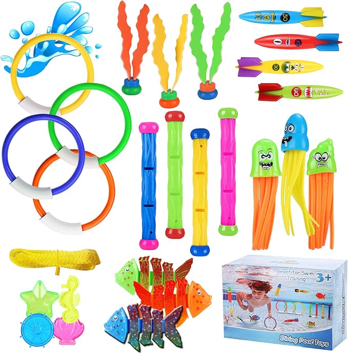 Auney 26 Piece Diving Toy Set for Kids, Underwater Diving Rings, Diving